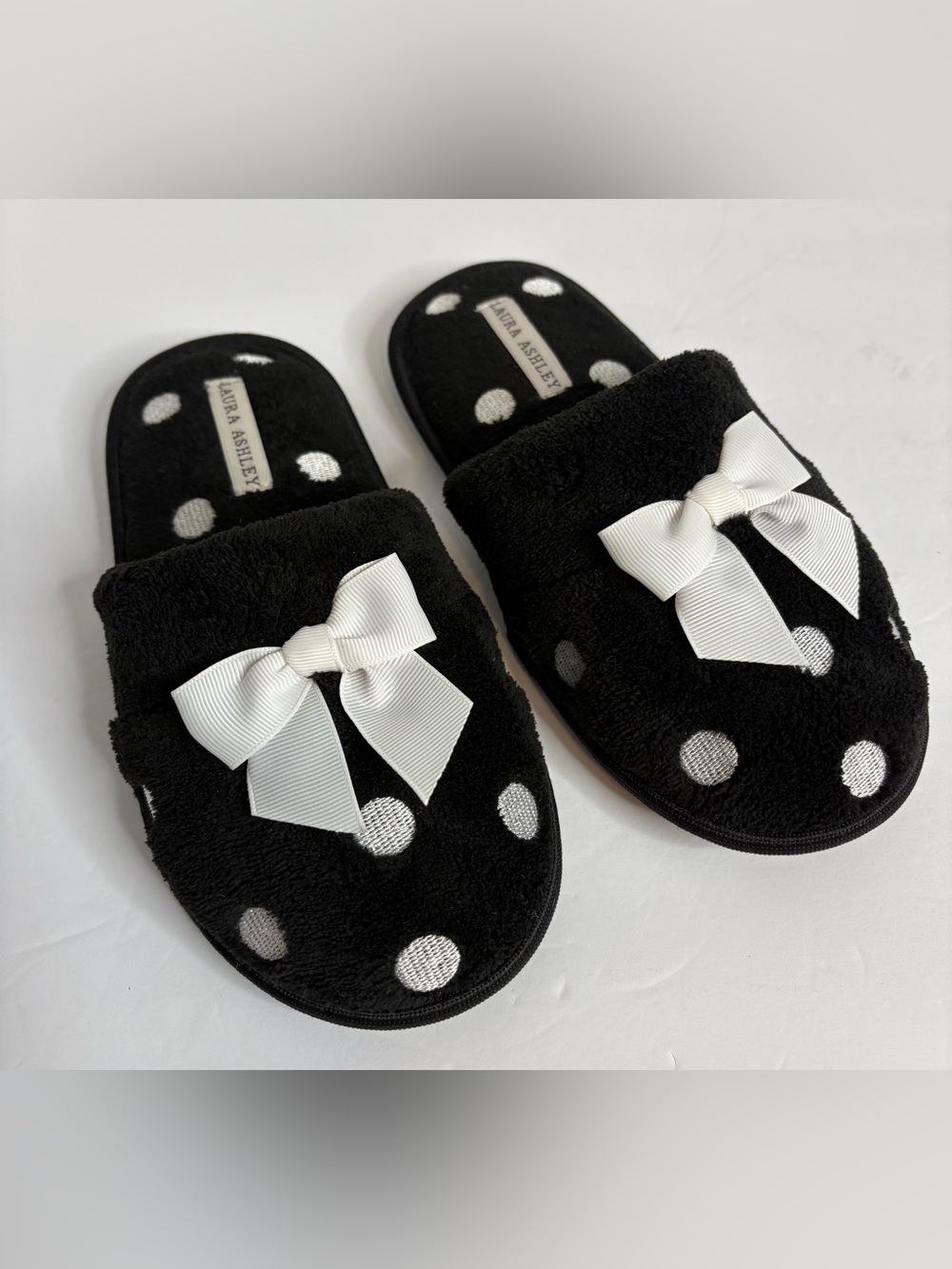 Laura Ashley Black and White Polka Dot Bow Slippers Size M